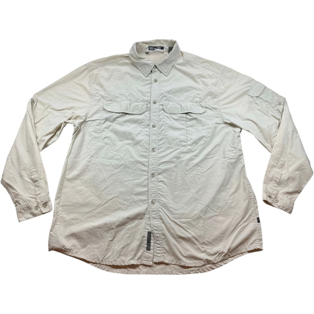 REI Mens Large Tan Long Sleeve Button Down Hiking Shirt UPF 40 Utility Pockets